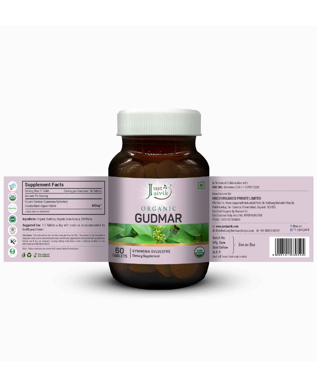 Just Jaivik Organic Gudmar / Gymnema Tablets - 600mg, 60 Tablets - HNW GLOBAL