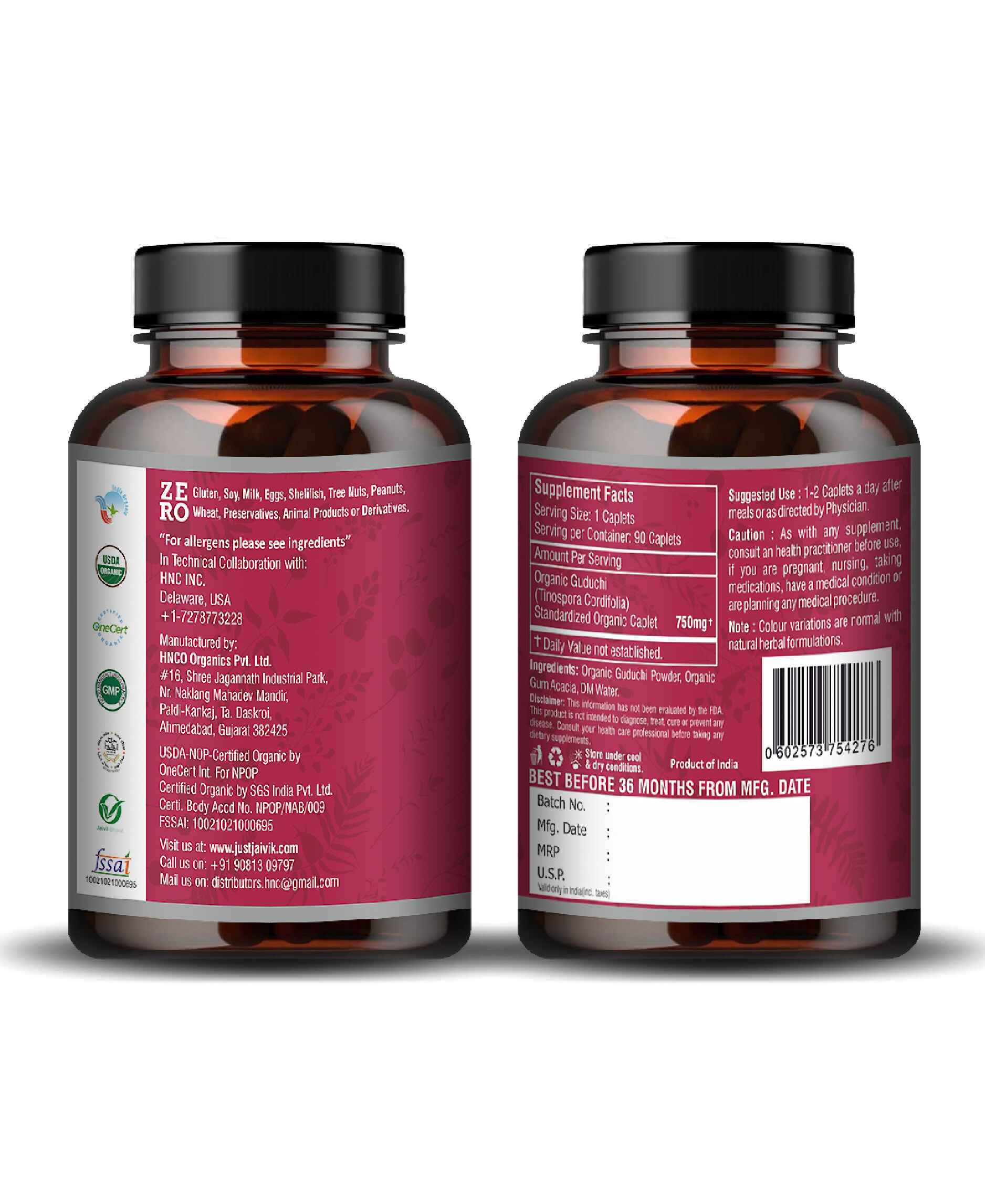 Just Jaivik Organic Guduchi Caplet - 750mg, 90 count - HNW GLOBAL