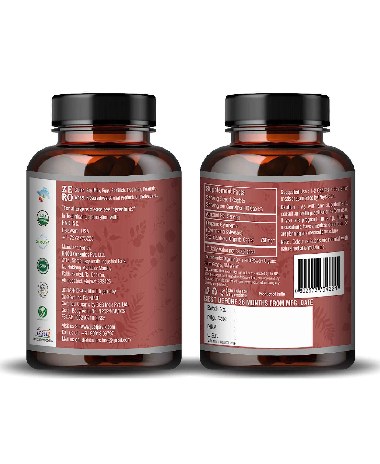 Just Jaivik Organic Gymnema Caplet - 750mg, 90 count - HNW GLOBAL