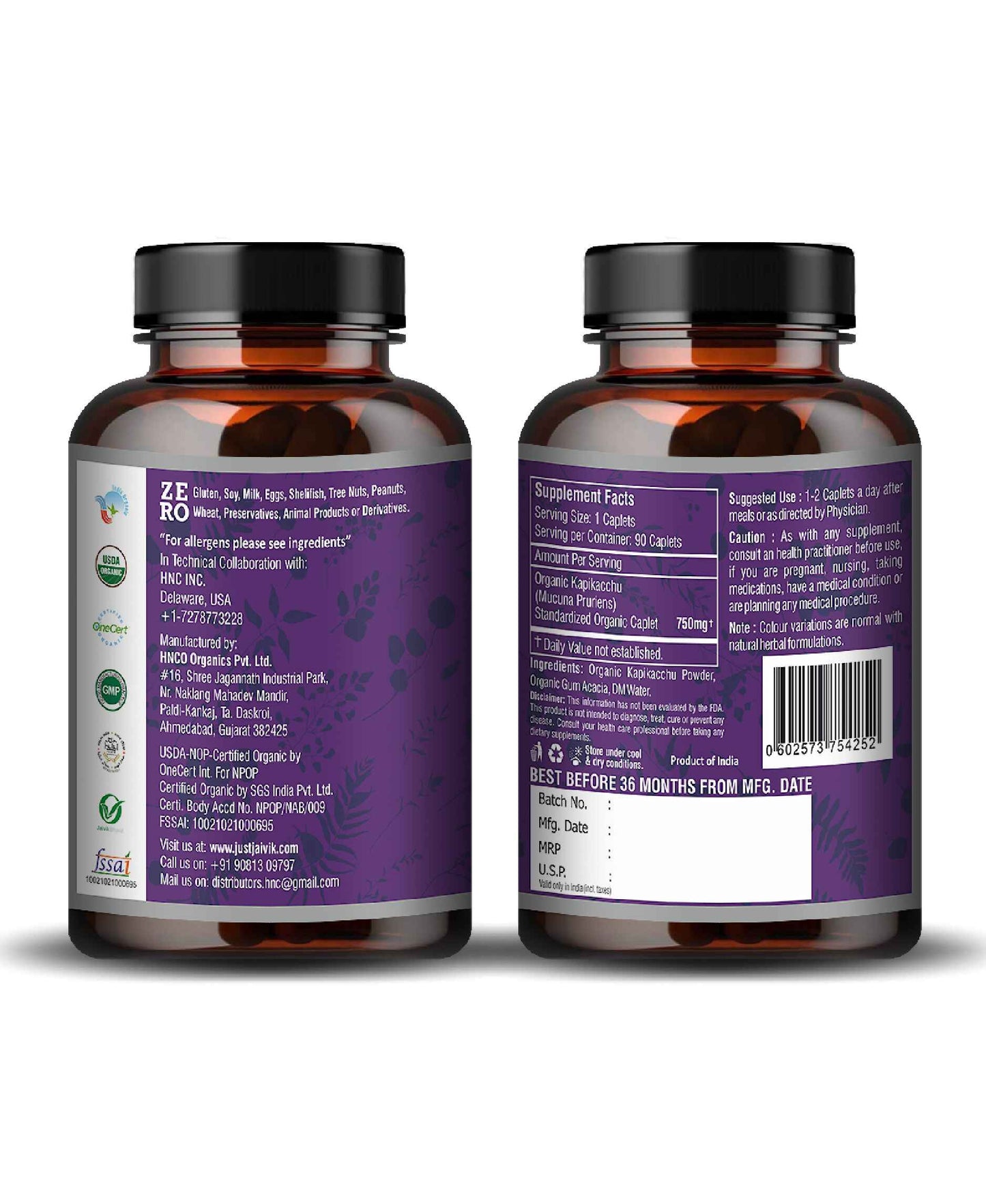 Just Jaivik Organic Kapikacchu Caplet - 750mg, 90 count - HNW GLOBAL