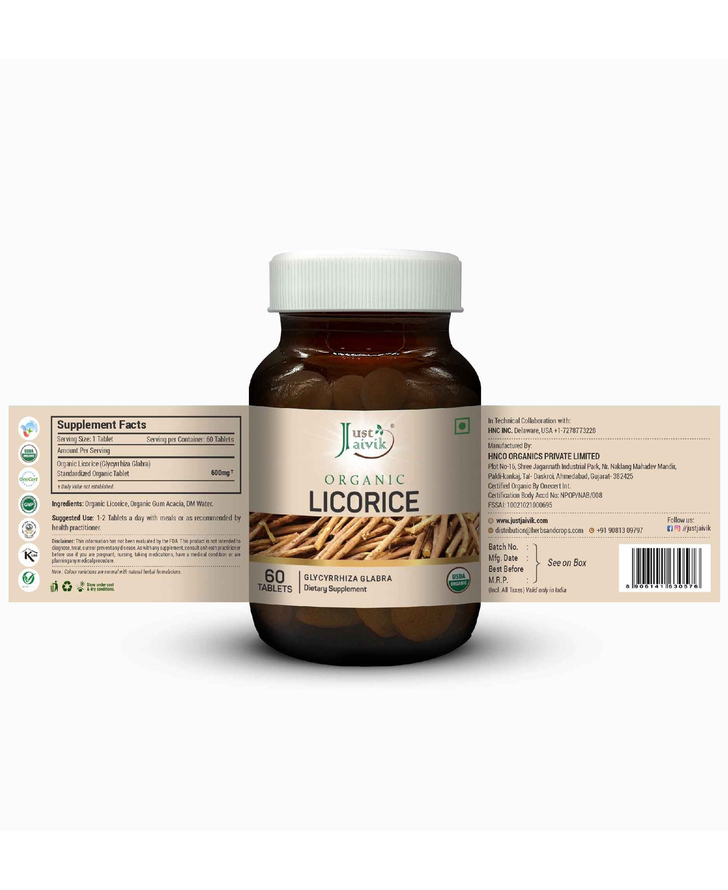 Just Jaivik Organic Licorice Tablets - 600mg, 60 Tablets - HNW GLOBAL