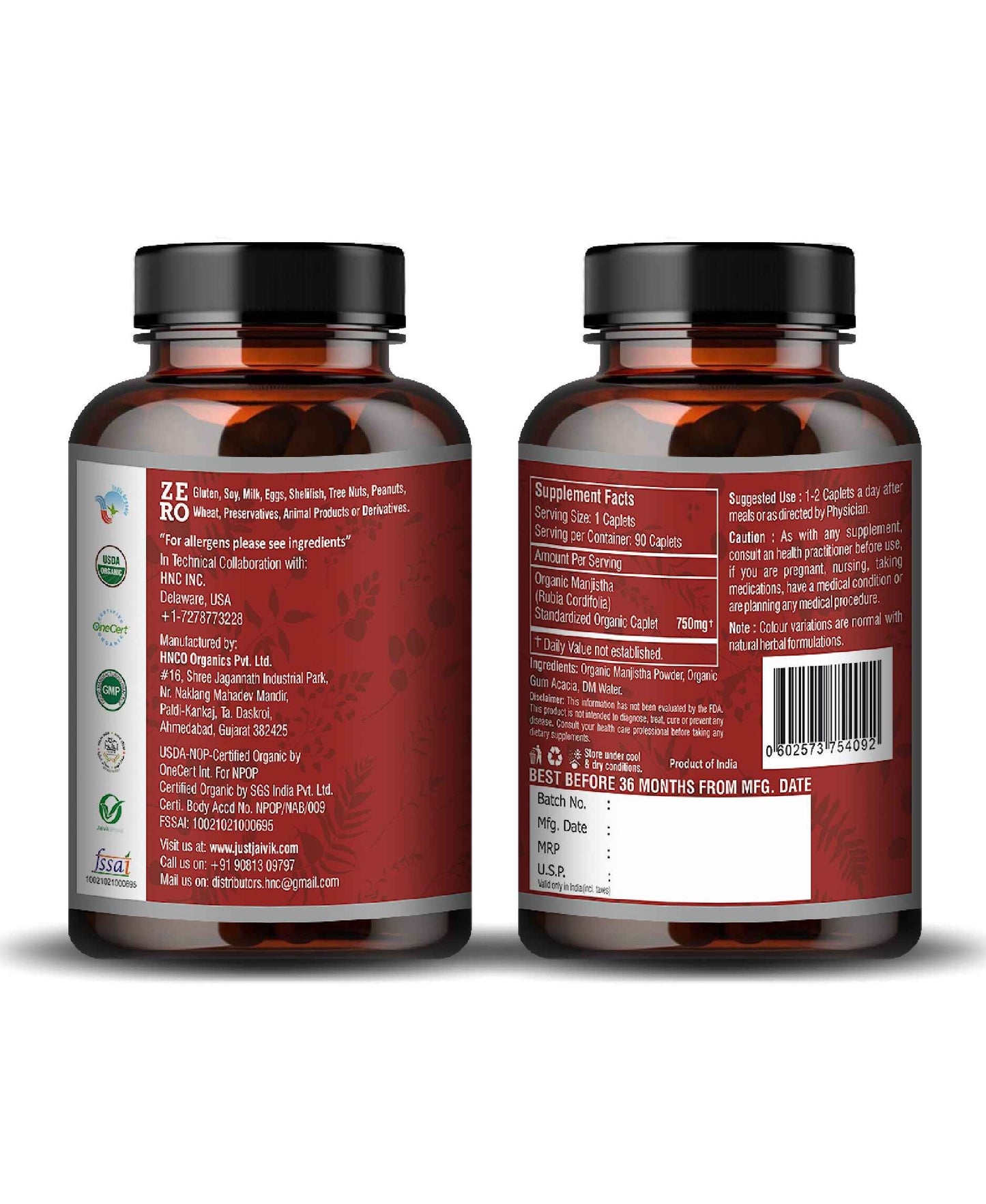 Just Jaivik Organic Manjistha Caplet - 750mg, 90 count