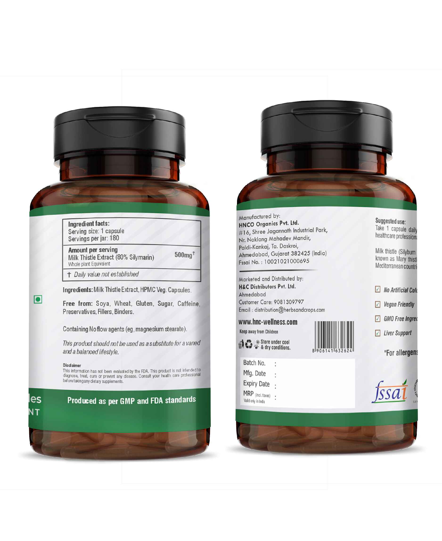 H&C Milk Thistle 500mg High Strength with 80% Silymarin (500mg per Capsule) | 180 Veg. Capsules - HNW GLOBAL