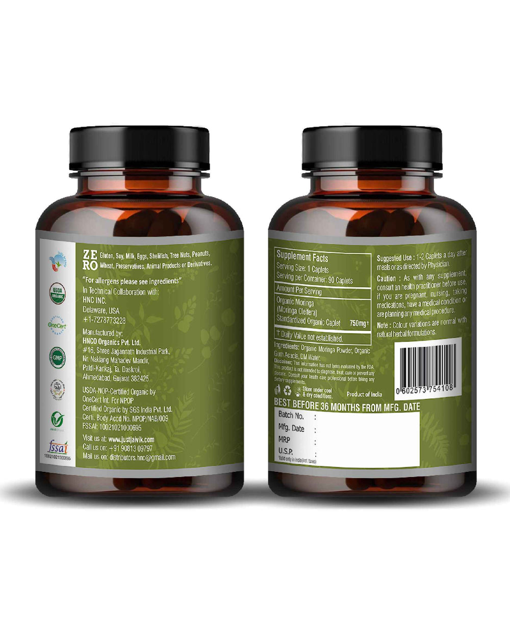 Just Jaivik Organic Moringa Caplet - 750mg, 90 count - HNW GLOBAL