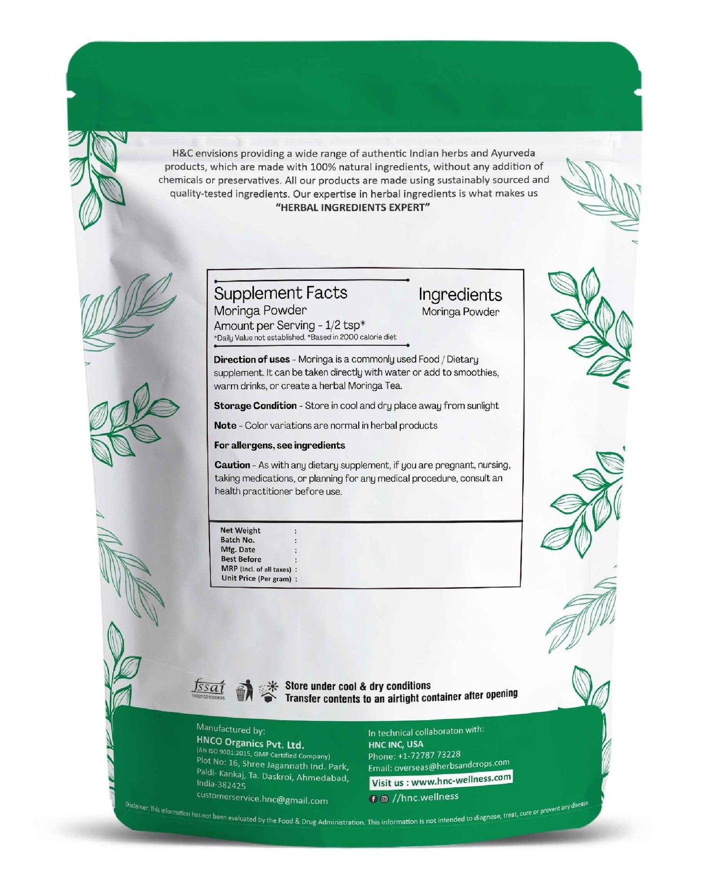 H&C Natural Moringa Leaves Powder - 100gm - HNW GLOBAL