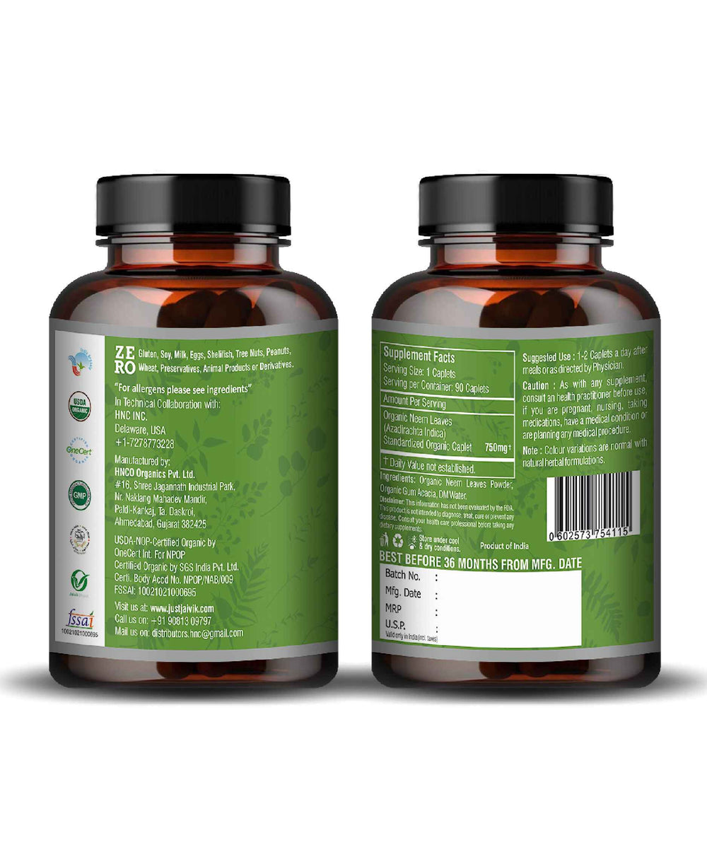Just Jaivik Organic Neem Caplet - 750mg, 90 count - HNW GLOBAL