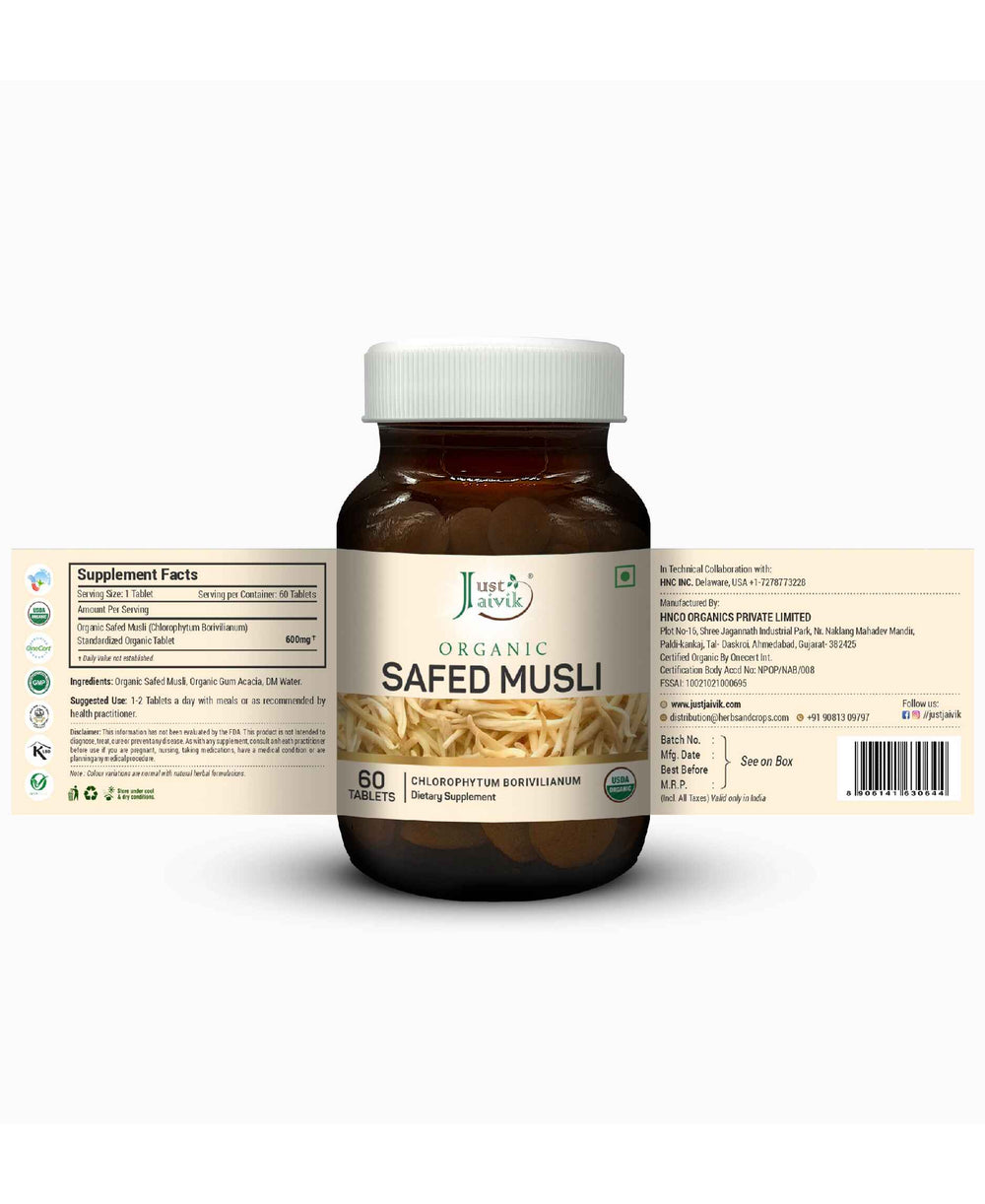 Just Jaivik Organic Safed Musli Tablets - 600mg, 60 Tablets - HNW GLOBAL