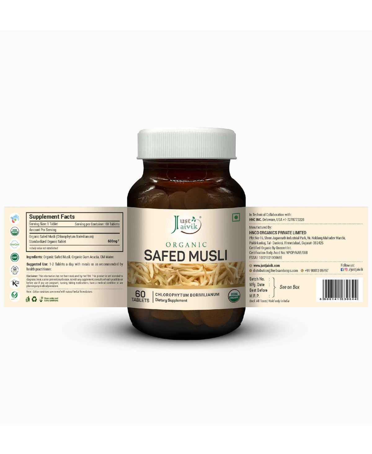 Just Jaivik Organic Safed Musli Tablets - 600mg, 60 Tablets - HNW GLOBAL