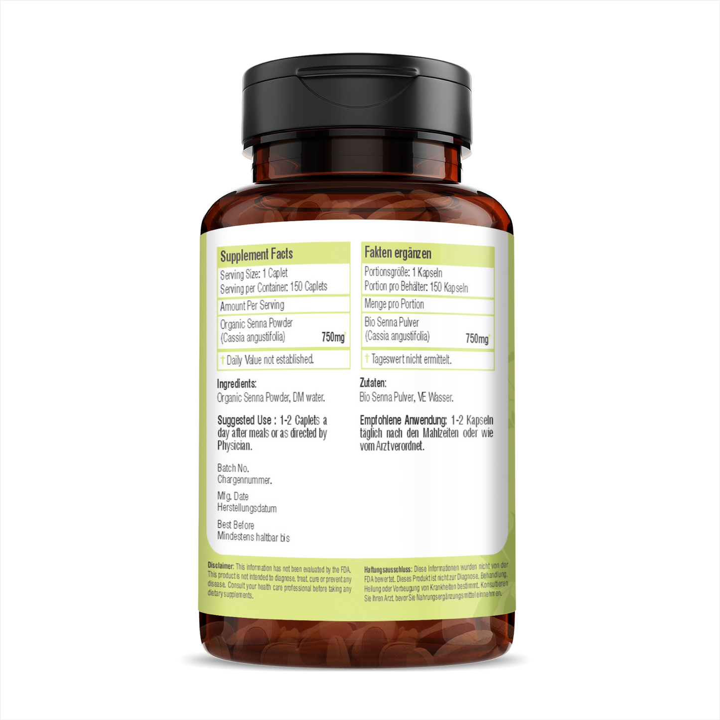 H&C Senna Leaves Caplets 750mg - Natural Laxative Supplement for Digestive Health - 150 Count