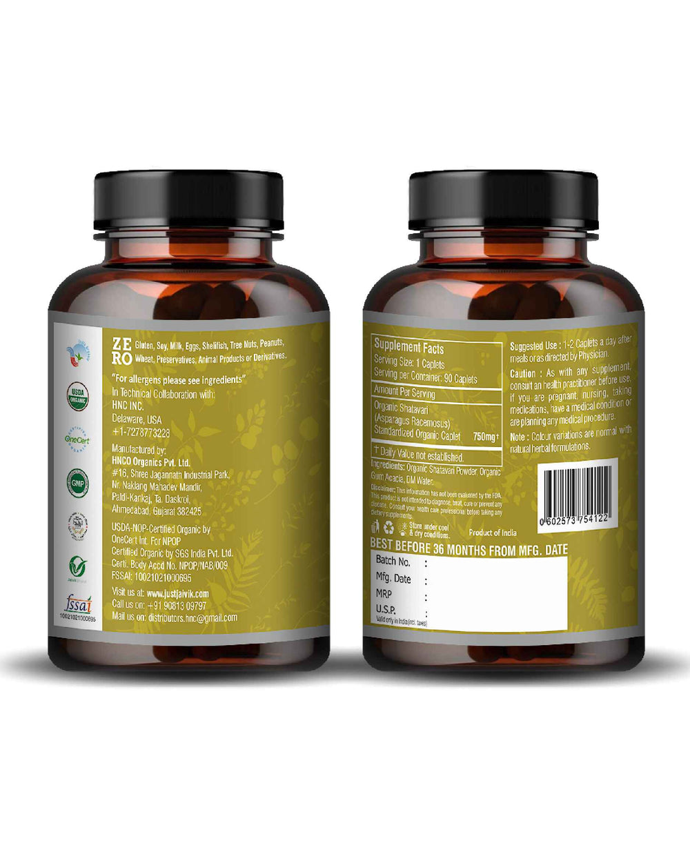 Just Jaivik Organic Shatavari Caplet - 750mg, 90 count - HNW GLOBAL