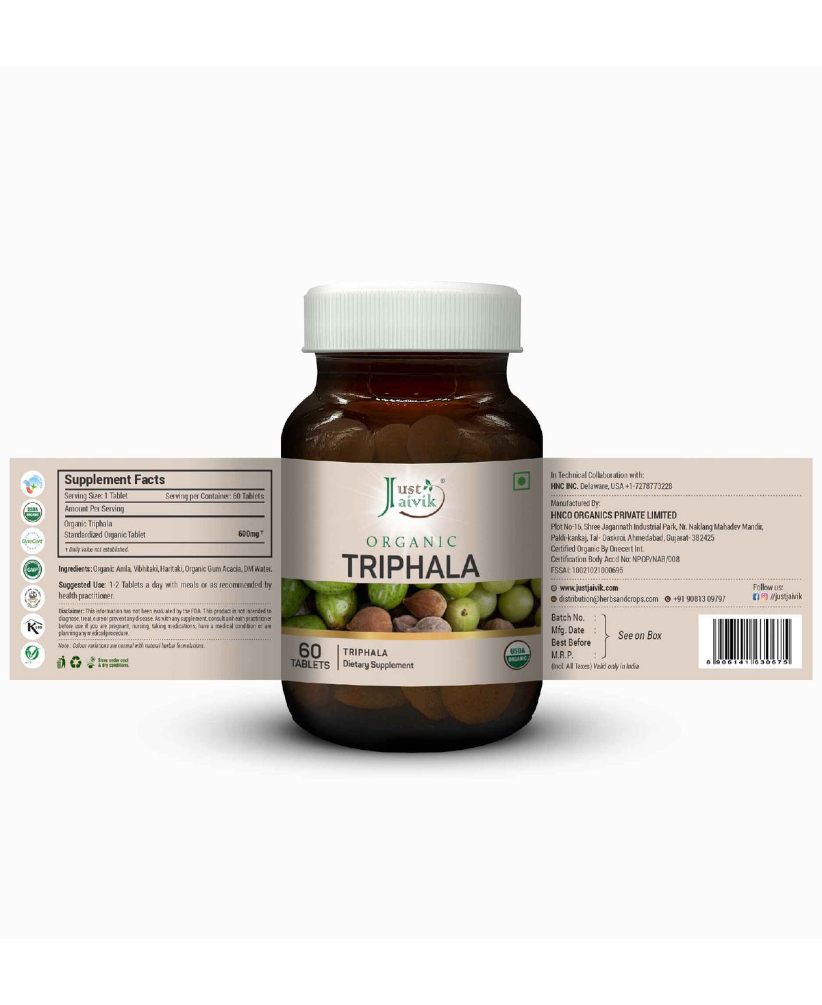 Just Jaivik Organic Triphala Tablets - 600mg, 60 Tablets - HNW GLOBAL