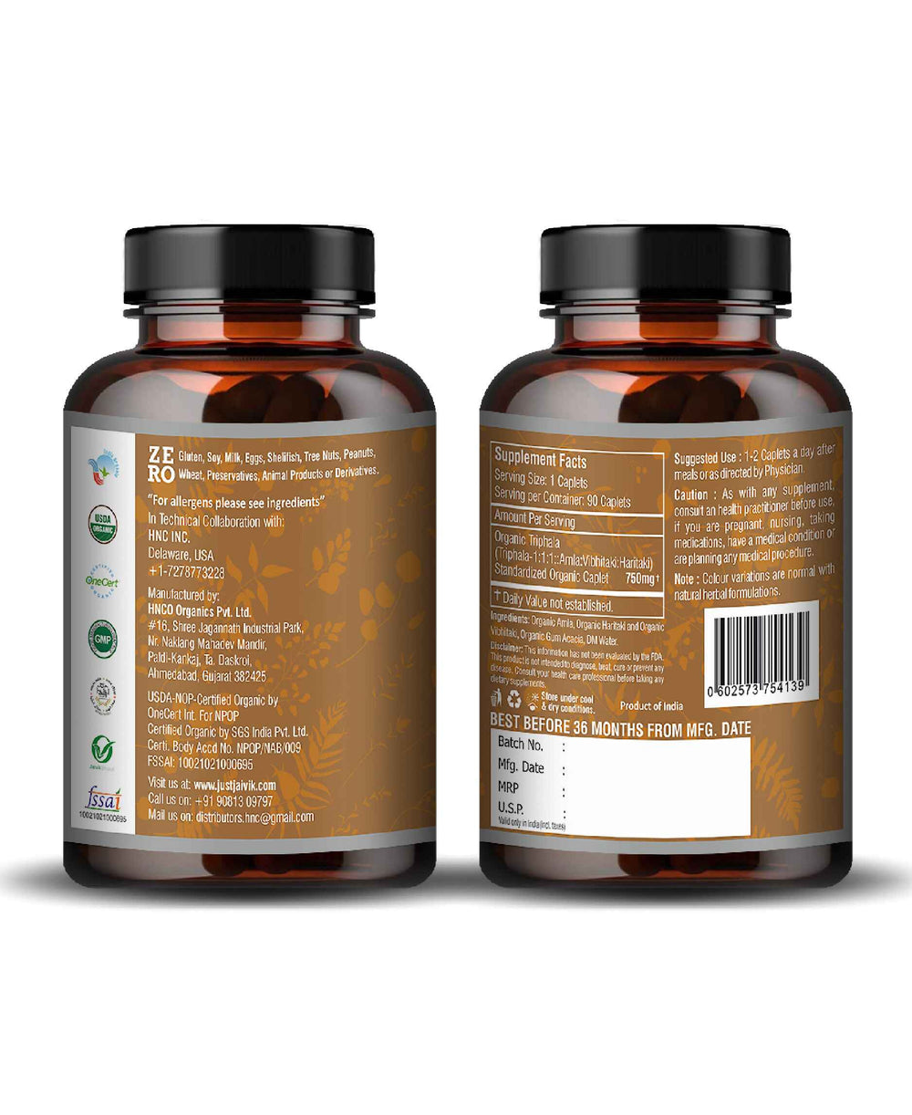 Just Jaivik Organic Triphala Caplet - 750mg, 90 count - HNW GLOBAL