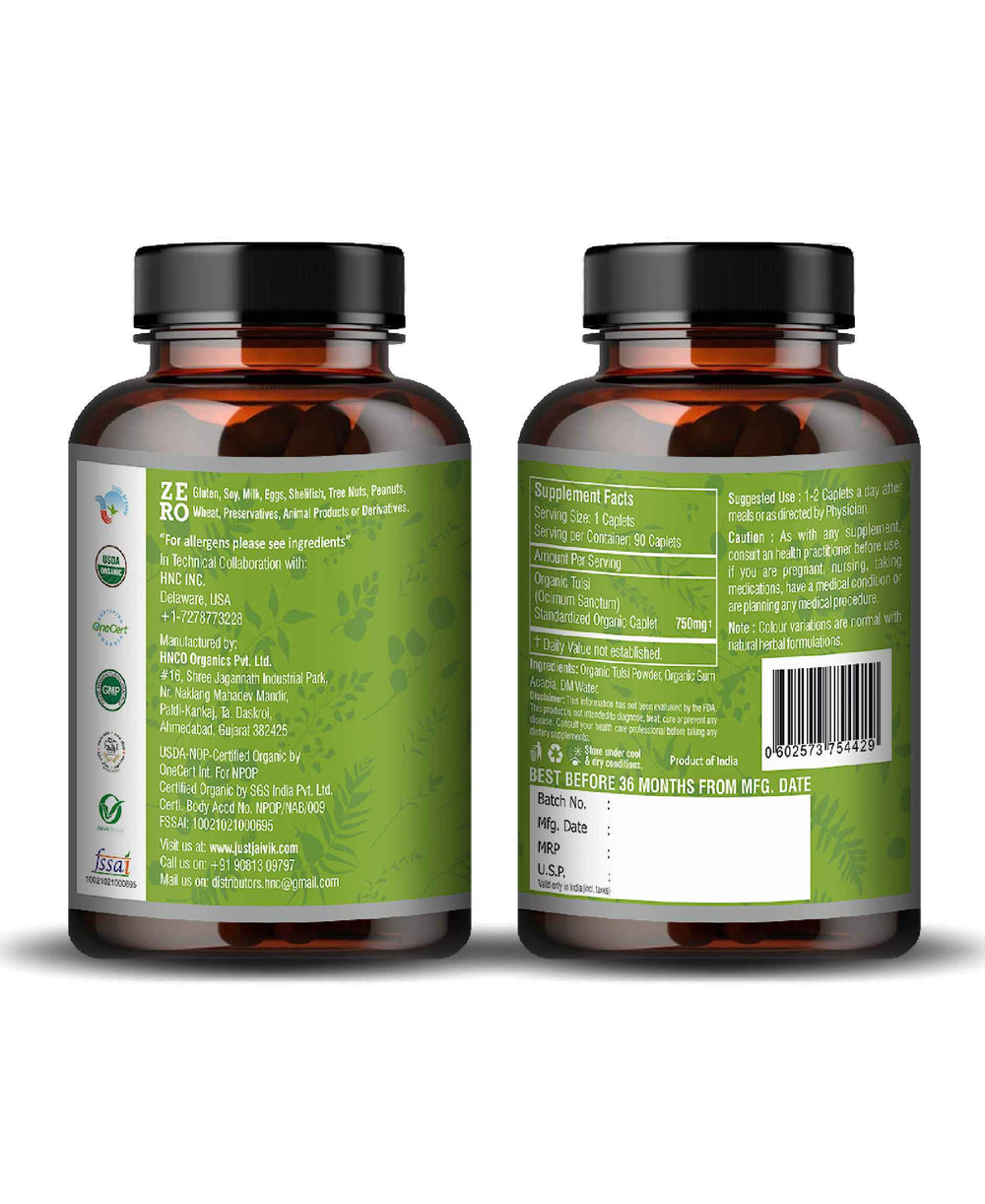 Just Jaivik Organic Tulsi Caplet - 750mg, 90 count - HNW GLOBAL