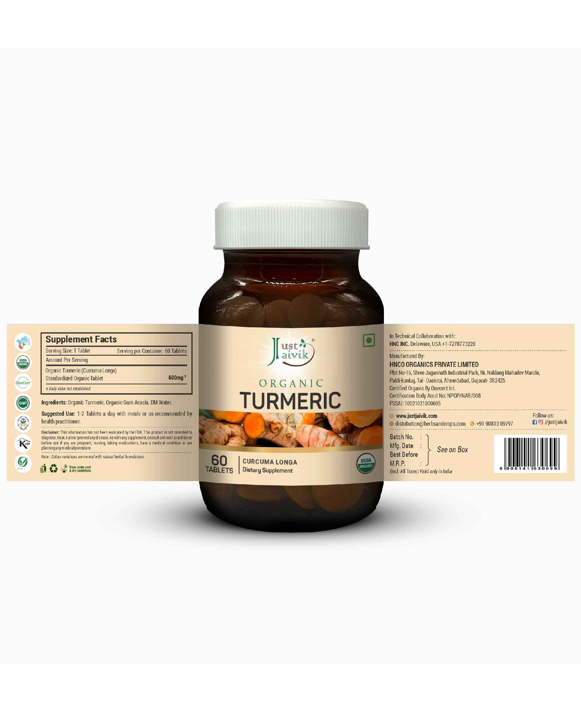 Just Jaivik Organic Turmeric Tablets - 600mg, 60 Tablets - HNW GLOBAL