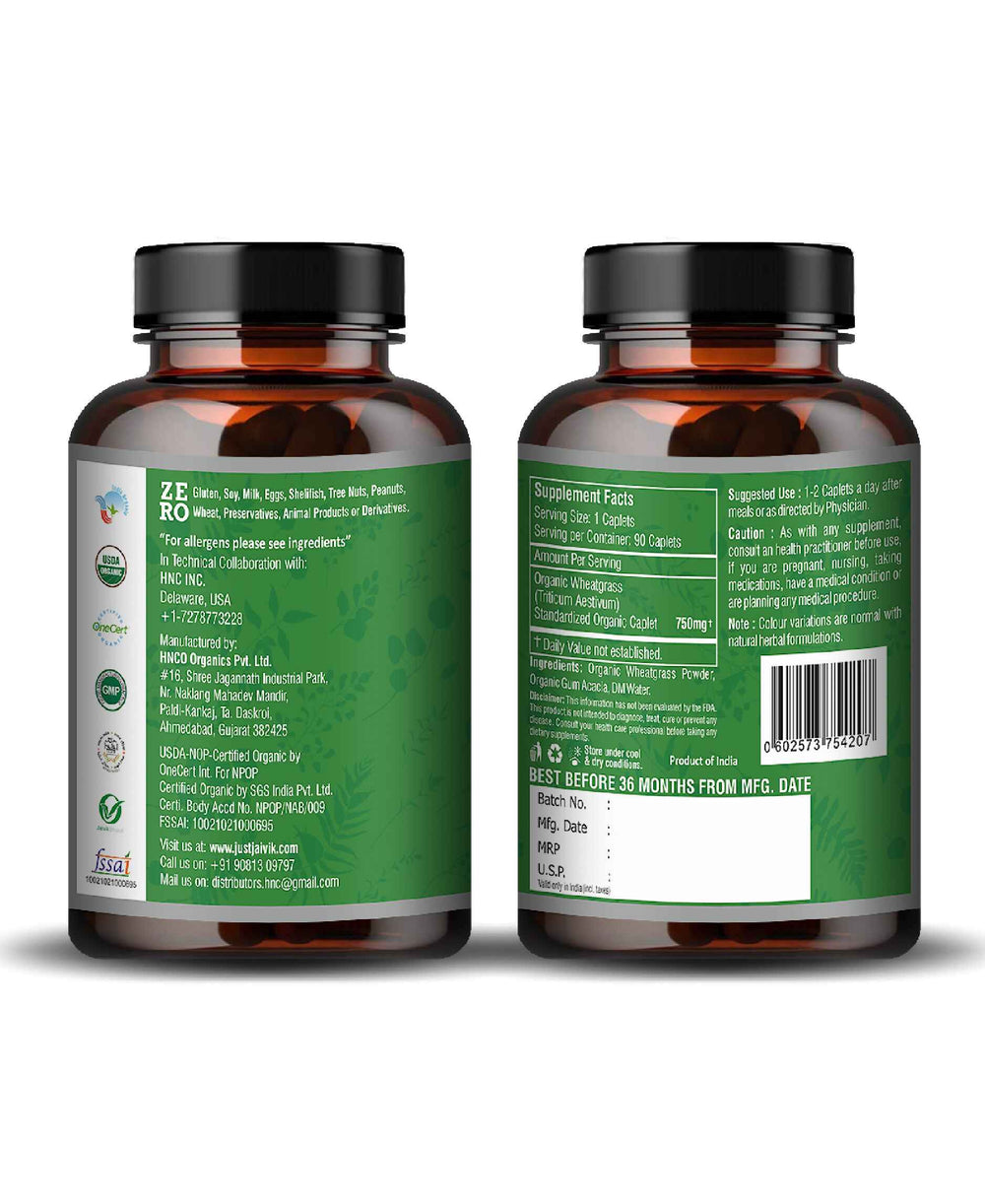 Just Jaivik Organic Wheatgrass Caplet - 750mg, 90 count - HNW GLOBAL